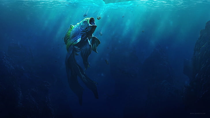 ilustracja ryby pod wodą, morze, złota rybka, ryba, morze głębinowe, sztuka fantasy, koi, Tapety HD