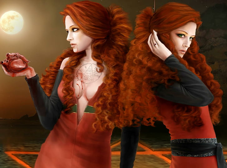 Maharet Mekare, personaggio anime donna con abito a maniche lunghe rosso e nero, ragazza, cronache dei vampiri, capelli rossi, bella, maharet, donna, cuore, vampiro, mekare, luna, 3d e, Sfondo HD