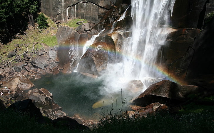 водопады и скалы, водопады, радуга, камни, ручей, брызги, свет, четко, HD обои