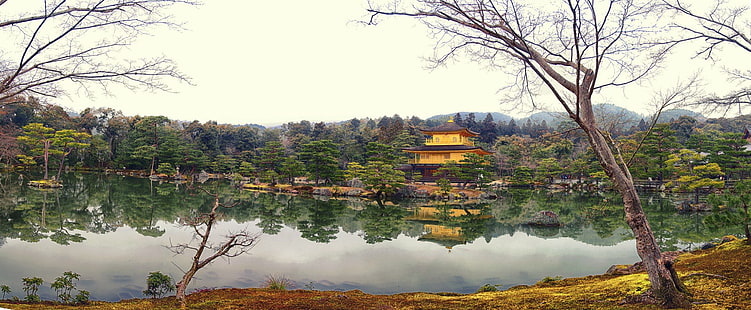 Świątynie, Kinkaku-ji, Złota Świątynia, Japonia, Kioto, Krajobraz, Natura, Panorama, Odbicie, Złoty Pawilon, Zen, Tapety HD HD wallpaper