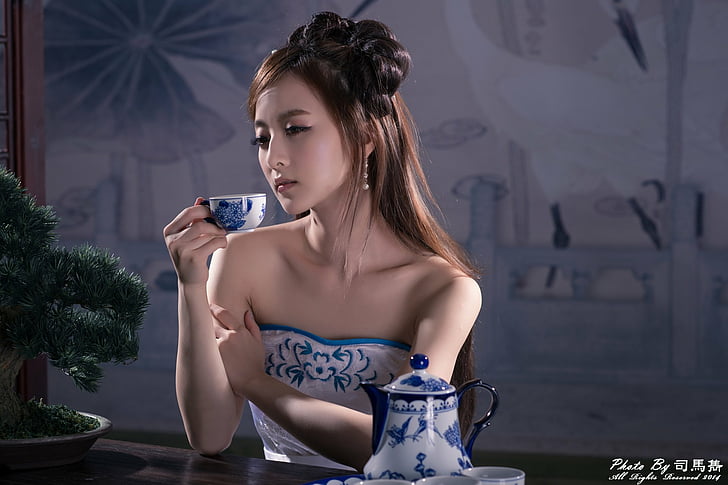 Models, Mikako Zhang Kaijie, азиат, Китай, китайский, чашка, платье, прическа, тайваньский, чайный сервиз, HD обои