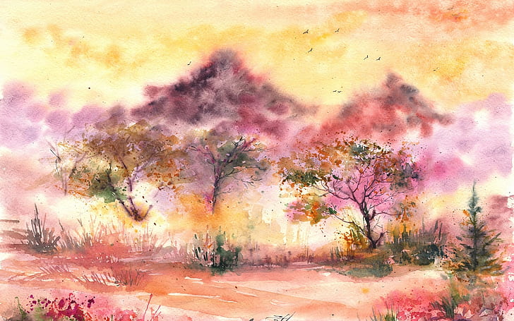 Watercolor painting, landscape, trees, birds, leaves, grass, Watercolor, Painting, Landscape, Trees, Birds, Leaves, Grass, HD wallpaper