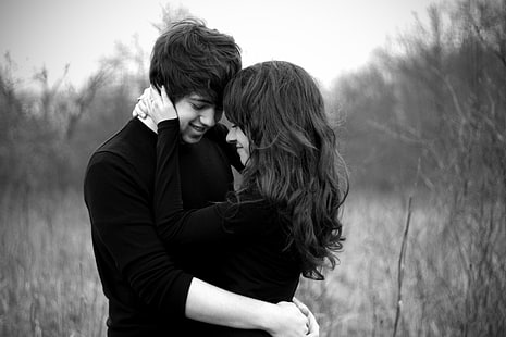 grayscale photography of couple hugging each other, love, Girl, hugs, black and white, guy, relationship, HD wallpaper HD wallpaper
