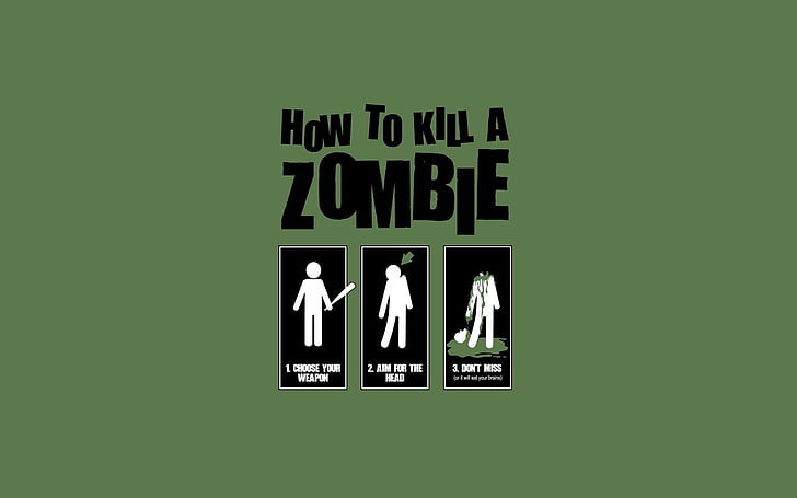 How to Kill A Zombie digital tapet, zombies, minimalism, enkel bakgrund, typografi, humor, grön bakgrund, HD tapet