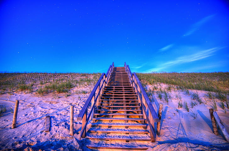 brown wooden staircase in middle of sandy ground, Stairway to the stars, wooden staircase, middle, sandy ground, 35mm, Dutch, skies, HDR, Nacht, Nederland, Netherlands, Noord-Holland, Petten, beach, beautiful, dark, donker, duin, dune, dusk, hemel, high dynamic range, landscape, lucht, midsummer, night photography, night sky, stairs, stairway to heaven, trap, zomer, North  Sea, nature, blue, sky, outdoors, forest, HD wallpaper