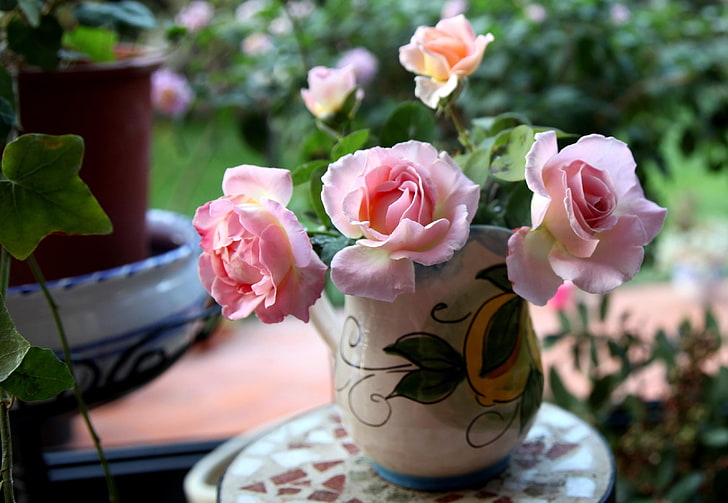 peça central de rosas cor de rosa, rosas, flores, buquê, vaso, nitidez, HD papel de parede