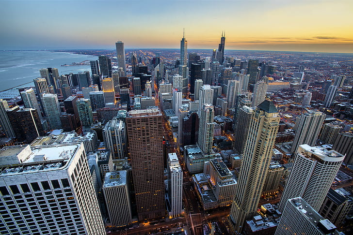 aerial photo of high-rise buildings during daytime, Iconic, View, aerial photo, high-rise buildings, daytime, Chicago, Nikon  D800, HDR, 32 bit, sunset, Cityscape, skyline, Hancock, Tower, Aon, Michigan  Avenue, skyscraper, urban Skyline, downtown District, architecture, urban Scene, famous Place, city, aerial View, building Exterior, office Building, night, built Structure, business, HD wallpaper