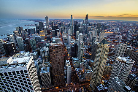 aerial photo of high-rise buildings during daytime, Iconic, View, aerial photo, high-rise buildings, daytime, Chicago, Nikon  D800, HDR, 32 bit, sunset, Cityscape, skyline, Hancock, Tower, Aon, Michigan  Avenue, skyscraper, urban Skyline, downtown District, architecture, urban Scene, famous Place, city, aerial View, building Exterior, office Building, night, built Structure, business, HD wallpaper HD wallpaper