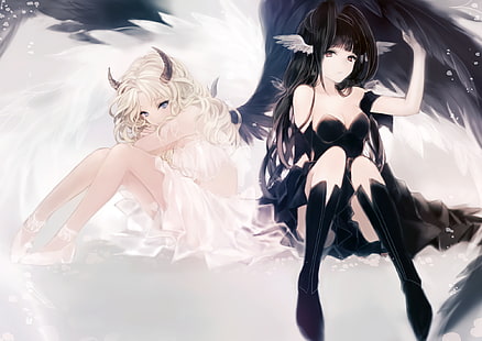 anime meninas, anjos, asas brancas, asas negras, vestido, chifres, anime, HD papel de parede HD wallpaper