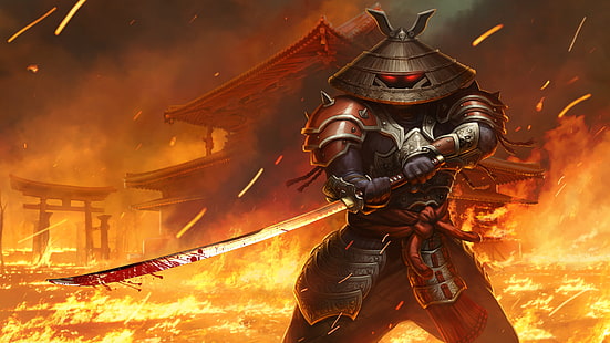 Tapeta z postacią trzymającą miecz, ogień, miecz, katana, kapelusz, samuraj, wojny molochów, wiek, Tapety HD HD wallpaper