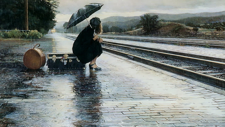 дамска черна рокля, тъга, момиче, дъжд, платформата, куфар, раздяла, HD тапет