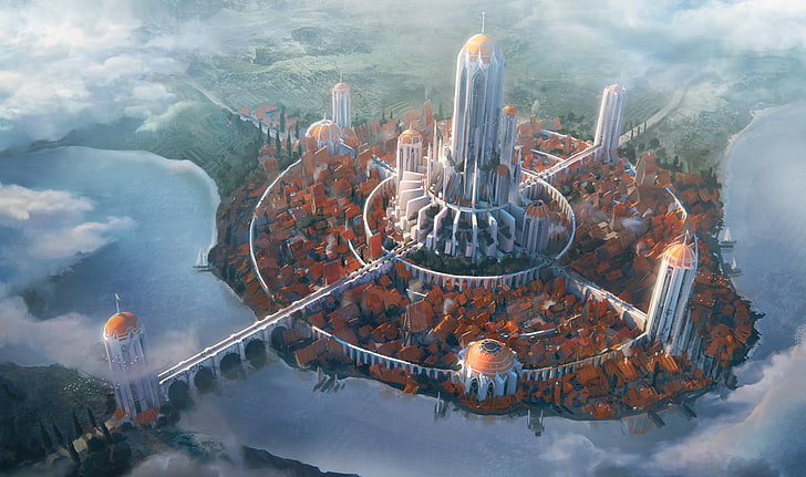 foto udara desa, kota fantasi, seni fantasi, Tamriel, The Elder Scrolls, Imperial City, Wallpaper HD