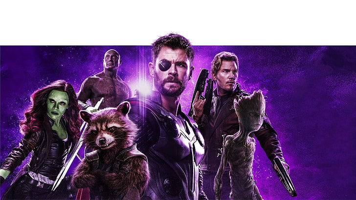 Filme, Vingadores: Guerra Infinita, Drax O Destruidor, Gamora, Groot, Guardiões da Galáxia, Guaxinim de Foguete, Senhor das Estrelas, Thor, HD papel de parede