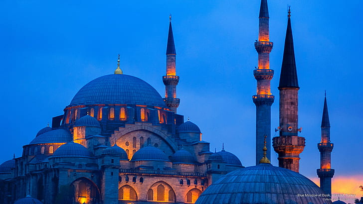 황혼, 이스탄불, 터키, 랜드 마크에서 블루 모스크, HD 배경 화면