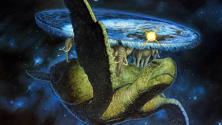 Elefantes verdes montando tortuga arte vectorial, Terry Pratchett, Discworld, arte de fantasía, Fondo de pantalla HD