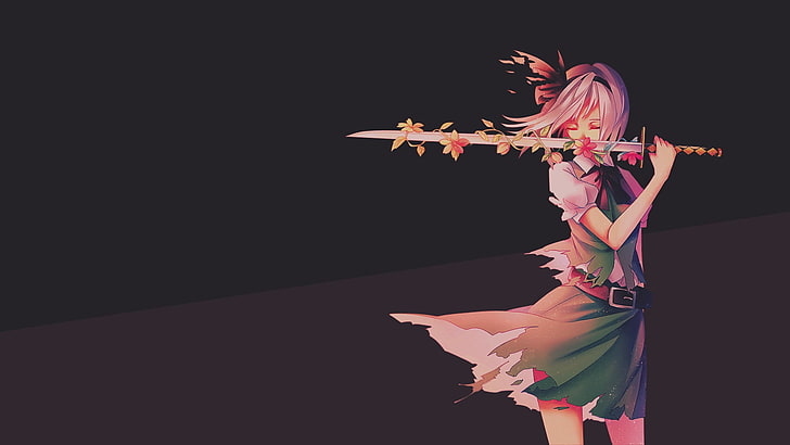 женщина, держащая катана иллюстрации, аниме девушки, меч, минимализм, Touhou, Konpaku Youmu, HD обои