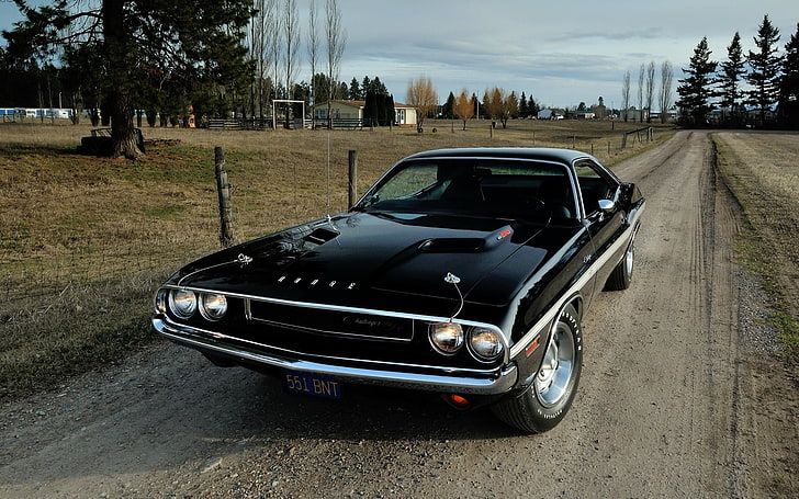 schwarzes Coupé, Hintergrund, Dodge, Challenger, 1970, die Front, Muscle-Car, R T, 440, Chelenzher, Six Pack, HD-Hintergrundbild