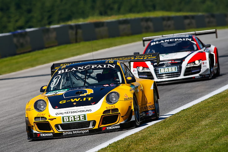 Audi R8 GT3, Porsche 911, samochody wyścigowe, Tapety HD
