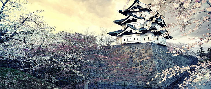 papel de parede digital de templo branco e preto, ultra largo, fotografia, Japão, HD papel de parede