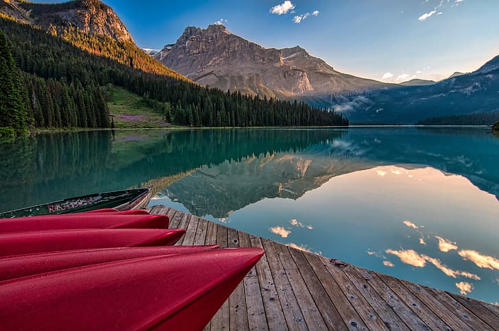 forest, landscape, mountains, nature, lake, reflection, boats, pier, slope, Canada, Banff, Banff national Park, Minnewanka, HD wallpaper