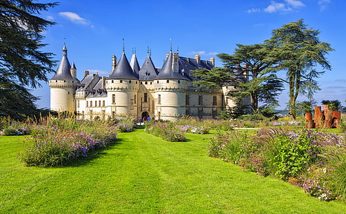 flowers, castle, France, lawn, Chaumont-sur-Loire castle, HD wallpaper HD wallpaper