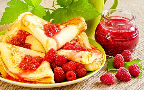 food, colorful, raspberries, fruit, pancakes, breakfast, HD wallpaper HD wallpaper