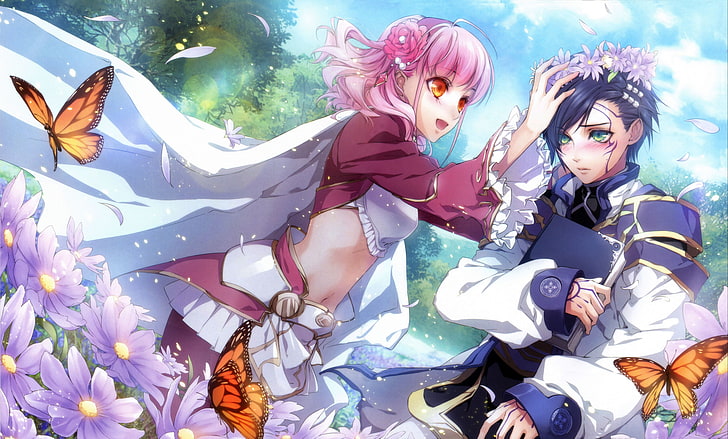 two anime characters digital wallpaper, anime, boy, girl, flowers, wreath, butterfly, HD wallpaper