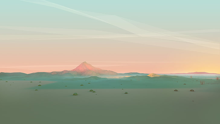siluet gunung, matahari terbenam, pegunungan, seni digital, poli rendah, Wallpaper HD