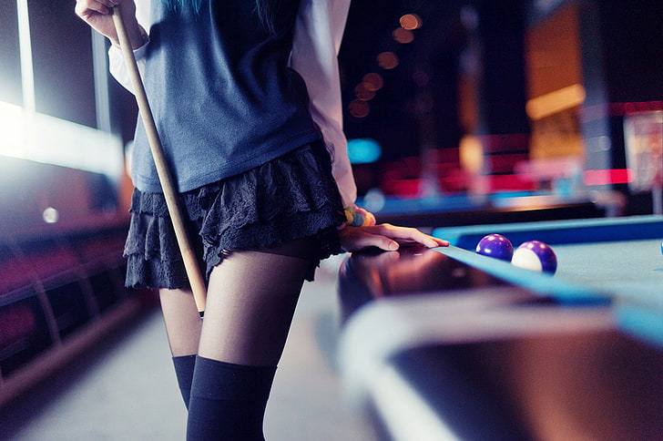 women's black skirt, women, billiards, skirt, blue hair, HD wallpaper