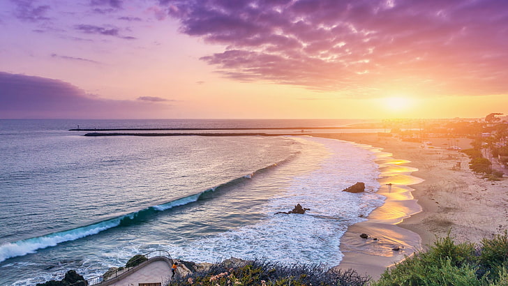 seaside, sunset, purple sky, sea, sky, shore, horizon, coast, ocean, wave, beach, calm, evening, cloud, HD wallpaper