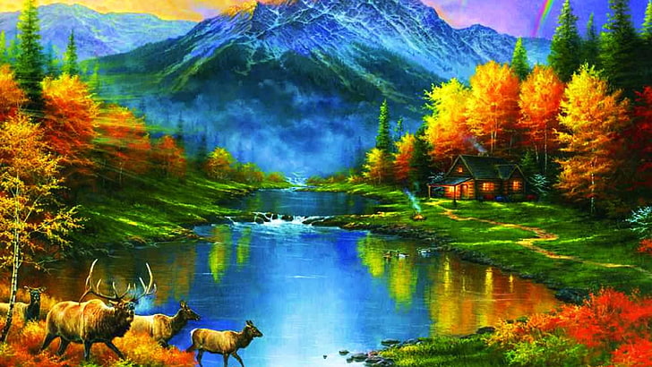 خلفيات الجبال في Fall Trees يترك ألوان البحيرات فائقة الدقة 3840 × 2160، خلفية HD