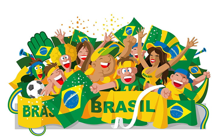 football world cup 2014 cartoons, brasil themed cartoon character illustration, football, world cup 2014, cartoons, world cup, HD wallpaper