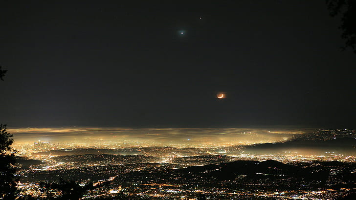 Nightfall over Los Angeles HD, jupiter, los angeles, moon, night, nightfall, nightsky, venus, HD wallpaper