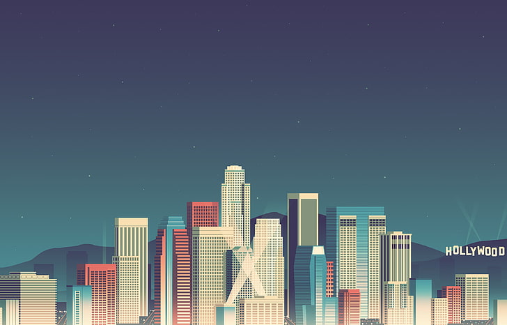 Tapeta miasta Los Angeles, Los Angeles, grafika wektorowa, architektura, miasto, budynek, światła, wieżowiec, Hollywood, wzgórza, sztuka cyfrowa, noc, gwiazdy, pejzaż miejski, USA, czyste niebo, Tapety HD