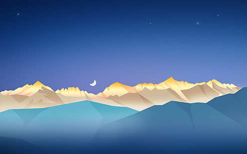 خلفية رقمية للجبال الصفراء والزرقاء ، ليلاً ، بساطتها ، جبال ، عمل فني ، منظر طبيعي، خلفية HD HD wallpaper