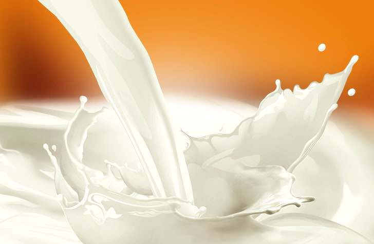 milk splash illustration, milk, spray, stream, orange background, HD wallpaper