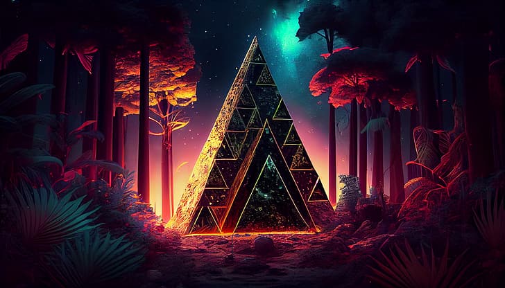 tropical, tropical forest, jungle, trees, nature, AI art, colorful, neon, digital art, Midjourney, space, pyramid, Portals, geometric figures, trippy, stars, night, starred sky, HD wallpaper