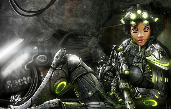 Cyberpunk, futuristisch, Soldat, Gewehr, Rüstung, Cyberpunk, futuristisch, Soldat, Gewehr, Rüstung, HD-Hintergrundbild