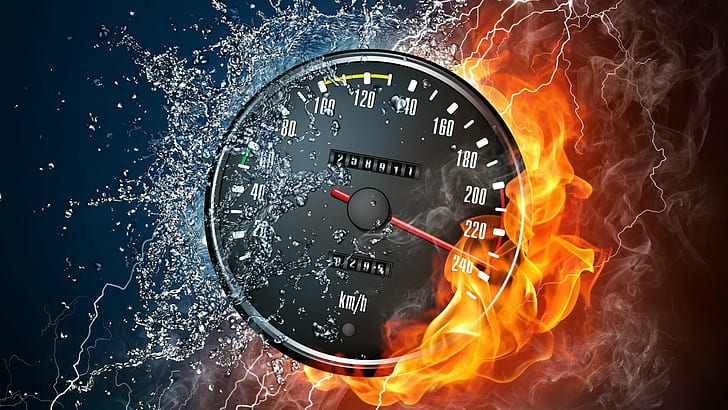 digital art speedometer water fire splashes water drops numbers contrast lightning, HD wallpaper