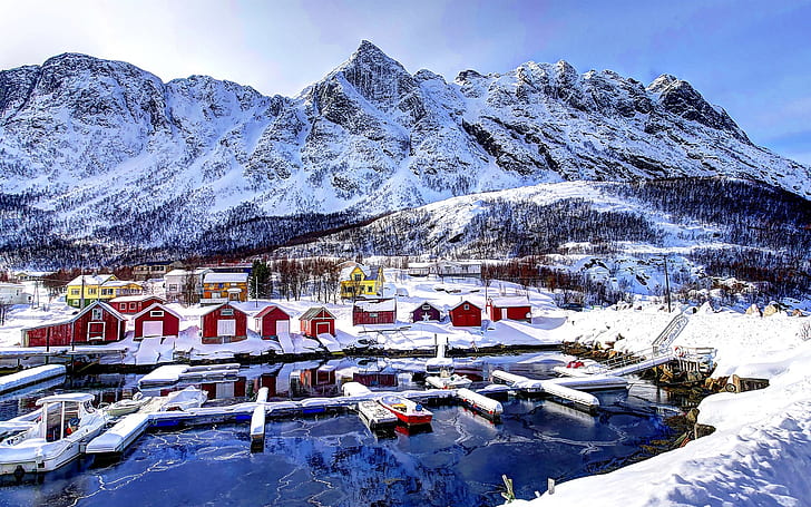 Noruega, baía, montanhas, casas, céu, nuvens, neve, inverno, Noruega, baía, montanhas, casas, céu, nuvens, neve, inverno, HD papel de parede