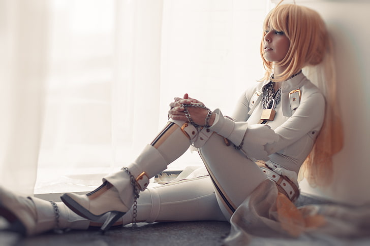 women's white leather jacket, suits, boots, cosplay, Saber Bride, long hair, blonde, blue eyes, leather boots, leather clothing, sitting, Helly von Valentine, Disharmonica, HD wallpaper