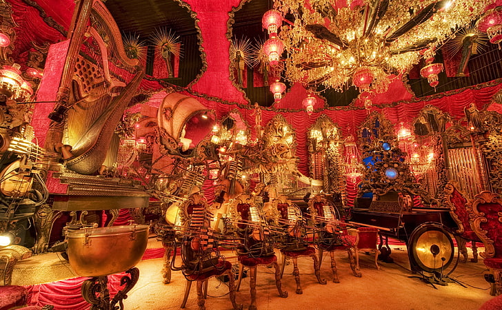 House On The Rock, The Red Room, gold-colored chandelier, Vintage, Lights, Architecture, Wisconsin, House on the Rock, Magnificent, HD wallpaper