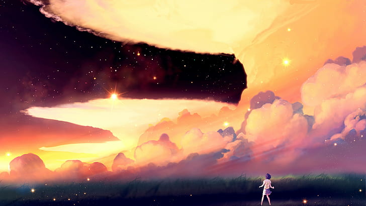 Artwork, Clouds, Field, Sky, Stars, Anime, painting of woman near green grass under orange and white clouds, artwork, clouds, field, sky, stars, anime, HD wallpaper