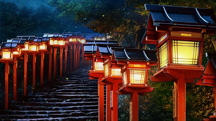 提灯、日本語の文字、夜、木々、階段、ホタル、道、月光、石段、 HDデスクトップの壁紙