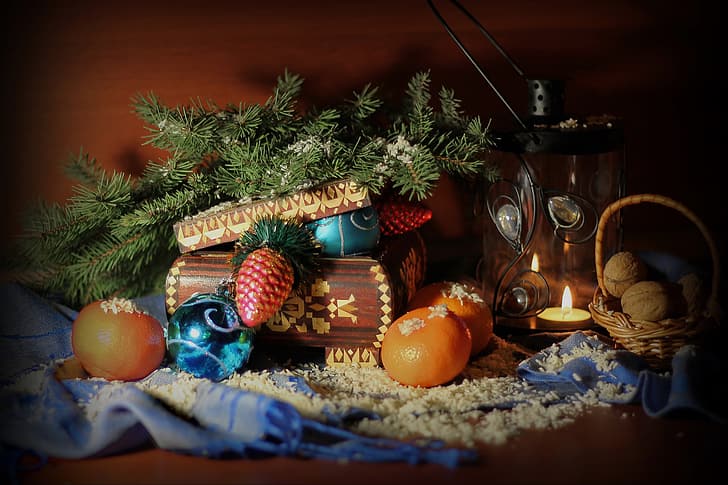 winter, snow, holiday, tree, new year, Christmas, lantern, box, decoration, still life, December, composition, tangerines, HD wallpaper