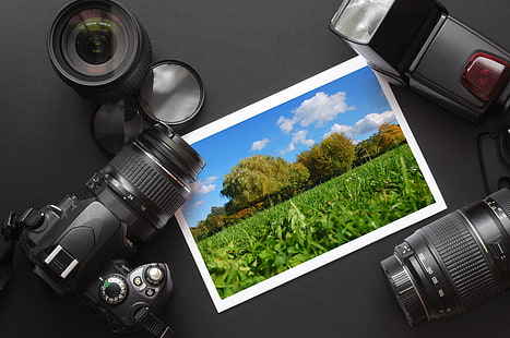 fotocamera DSLR nera con obiettivi zoom, foto, fotocamera, tavolo, hi-tech, obiettivi, accessori, mood., Sfondo HD HD wallpaper