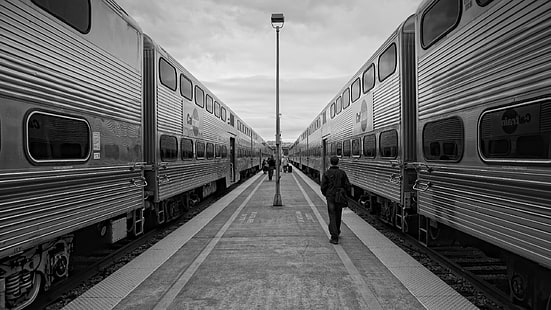 قطار ، محطة قطار ، سكة حديدية ، أحادية اللون، خلفية HD HD wallpaper