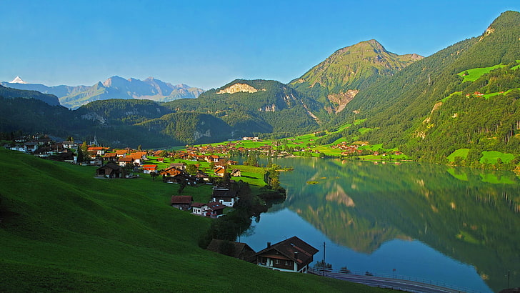зеленая гора и водное пространство, швейцария, гора, пейзаж, лунгерн, HD обои