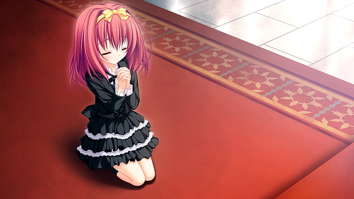 female anime character kneeling wallpaper, mikagami mamizu, lunaris filia, hayama mai, dress, eyes closed, child, HD wallpaper