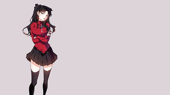 female anime character illustration, anime, anime girls, simple background, Fate Series, Tohsaka Rin, skirt, thigh-highs, black hair, twintails, blue eyes, HD wallpaper HD wallpaper